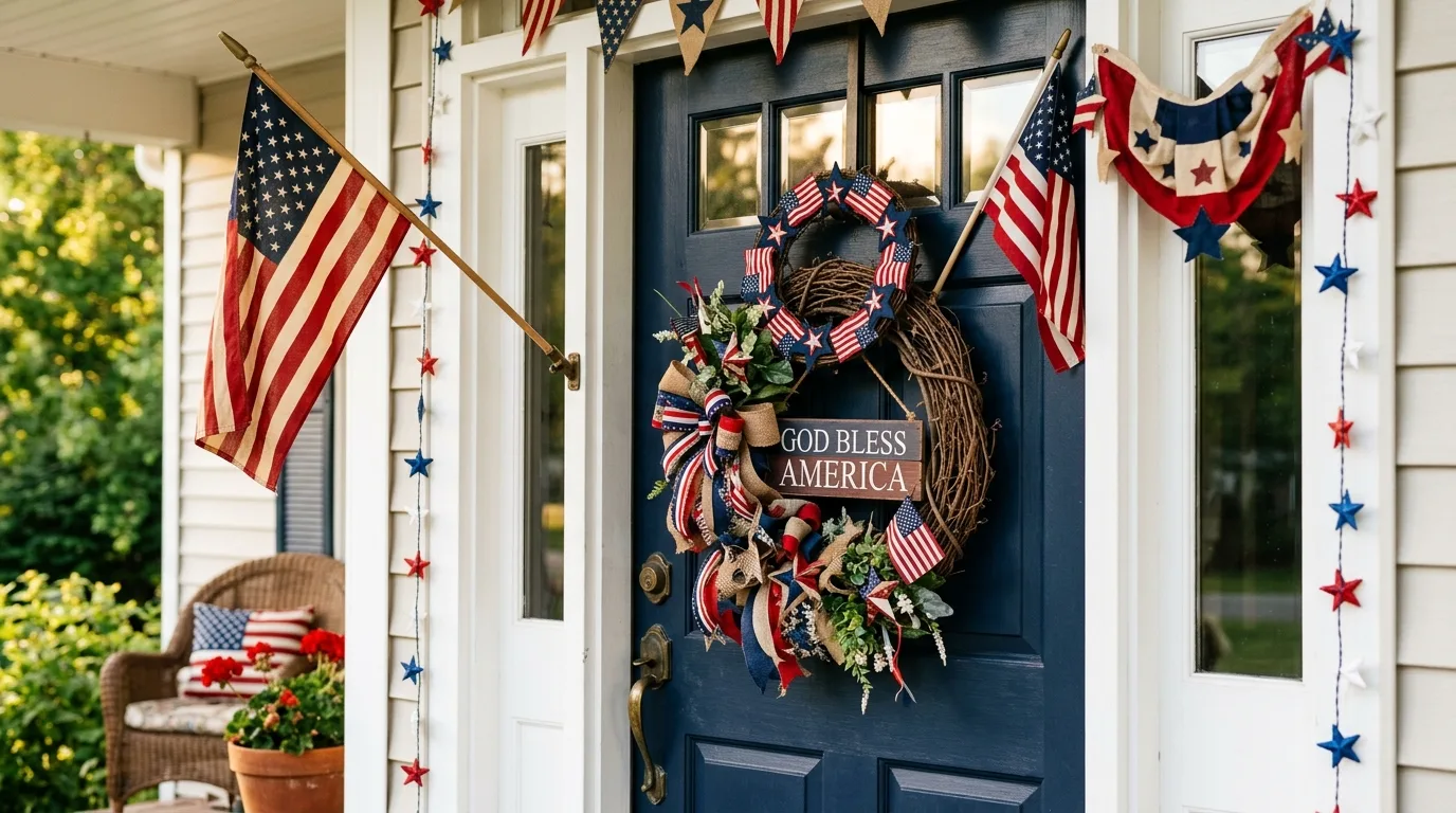 Style steps or railings lightly for 13 Festive 4th of July Front Porch Decor Ideas in Red White and Blue