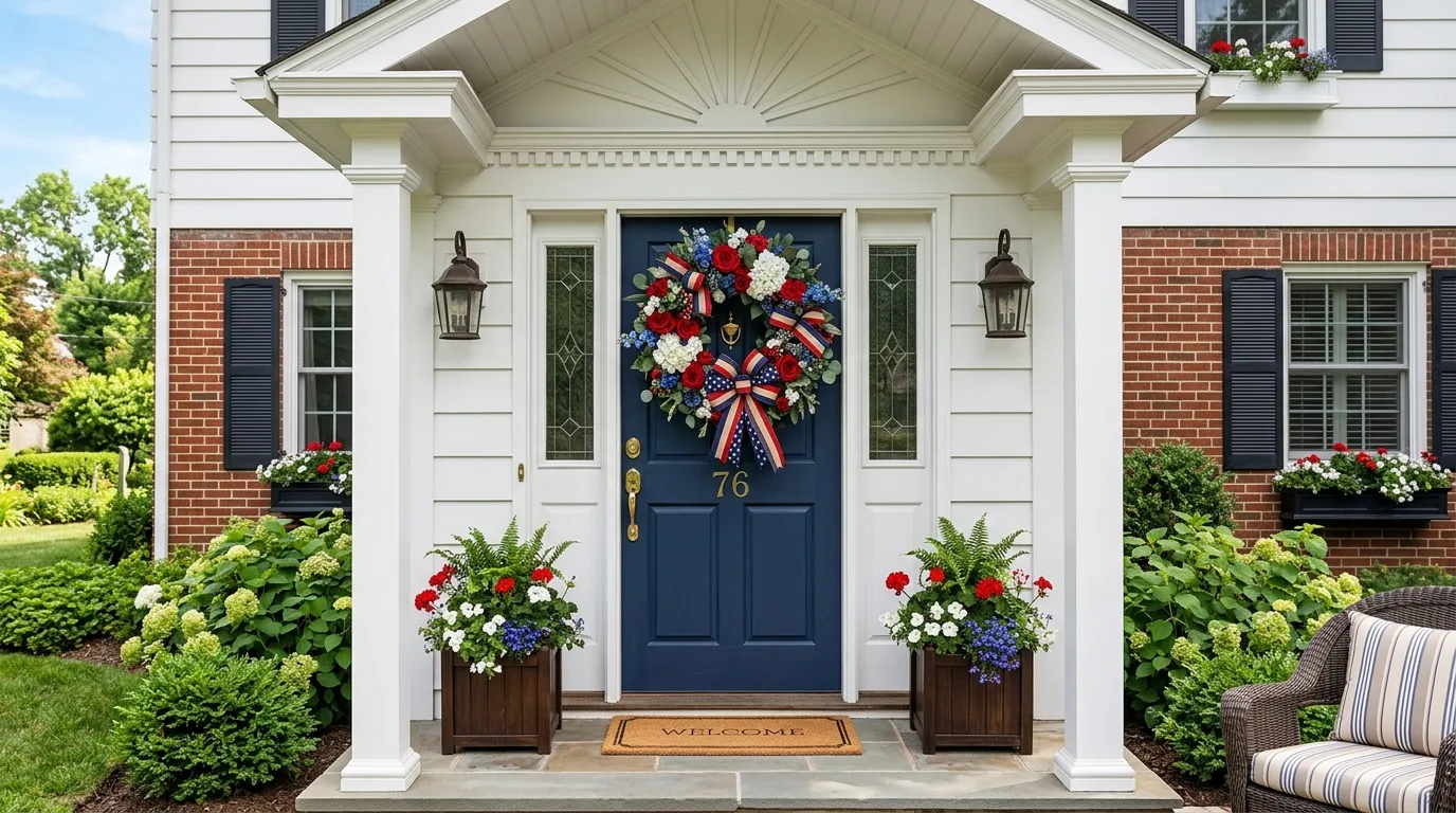 Layer a seasonal doormat for 13 Festive 4th of July Front Porch Decor Ideas in Red White and Blue