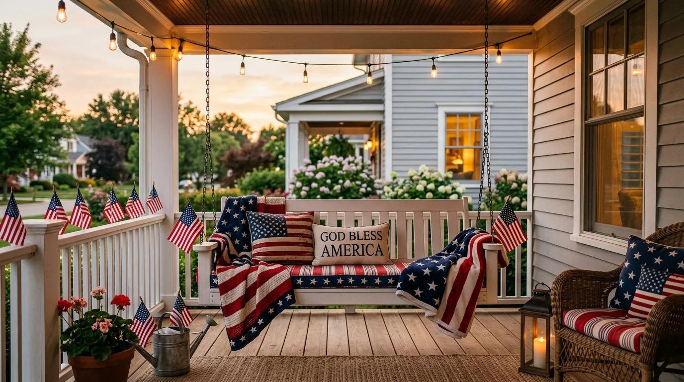 Bring in lanterns for evening glow for 13 Festive 4th of July Front Porch Decor Ideas in Red White and Blue