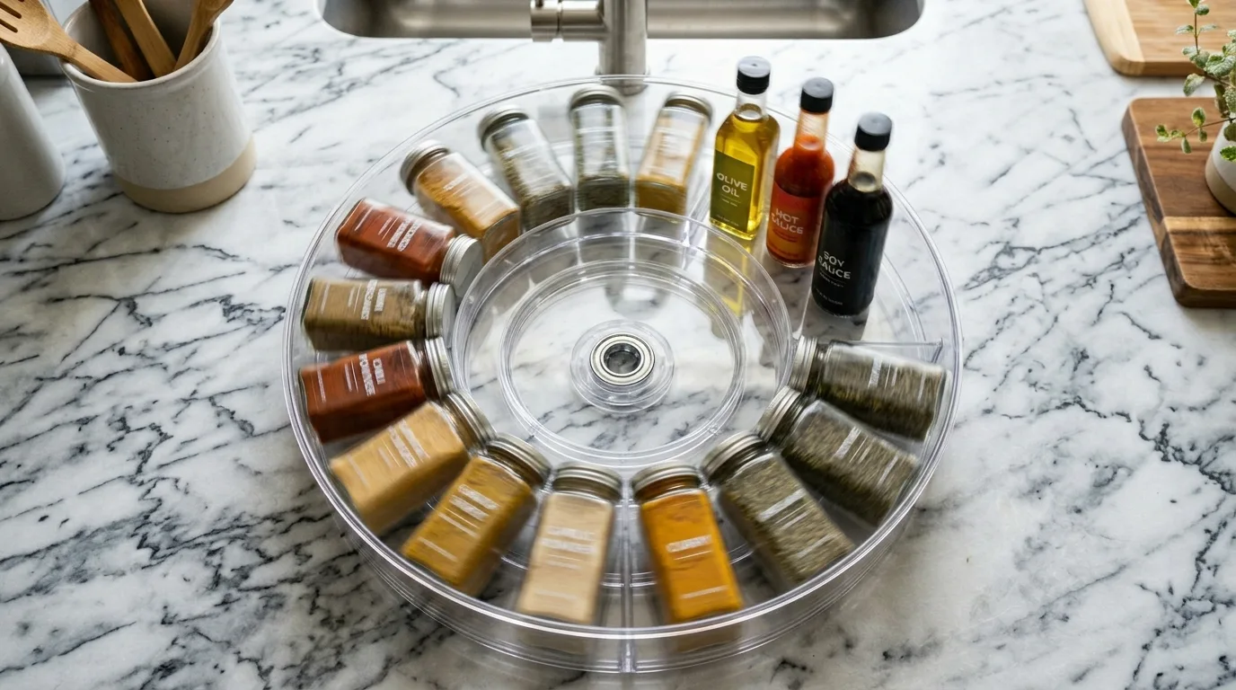 Try a turntable for bottles and jars for 10 Sleek Acrylic Storage Containers for a Modern Organized Look