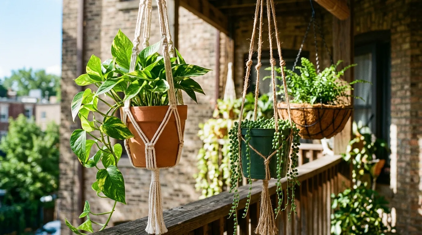 Hang plants instead of filling the floor for 11 Apartment Balcony Ideas for Renters on a Budget