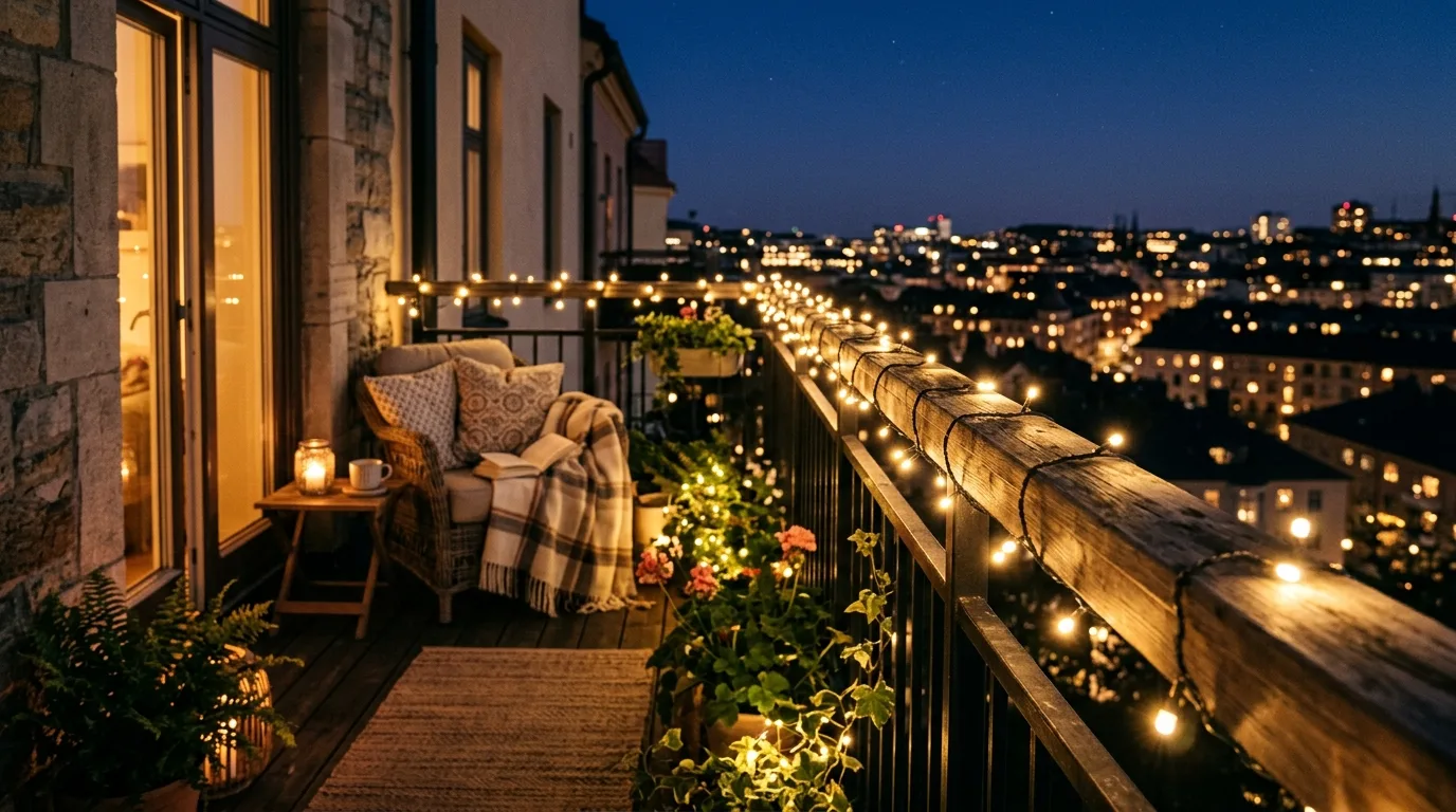 Use fairy lights for instant atmosphere for 11 Apartment Balcony Ideas for Renters on a Budget