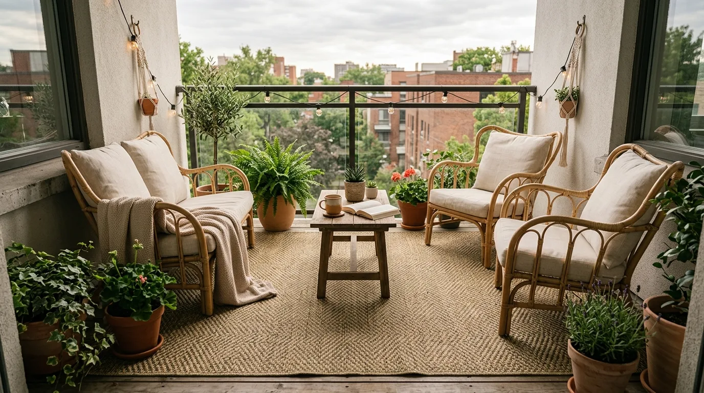 Lay down an inexpensive outdoor rug for 11 Apartment Balcony Ideas for Renters on a Budget