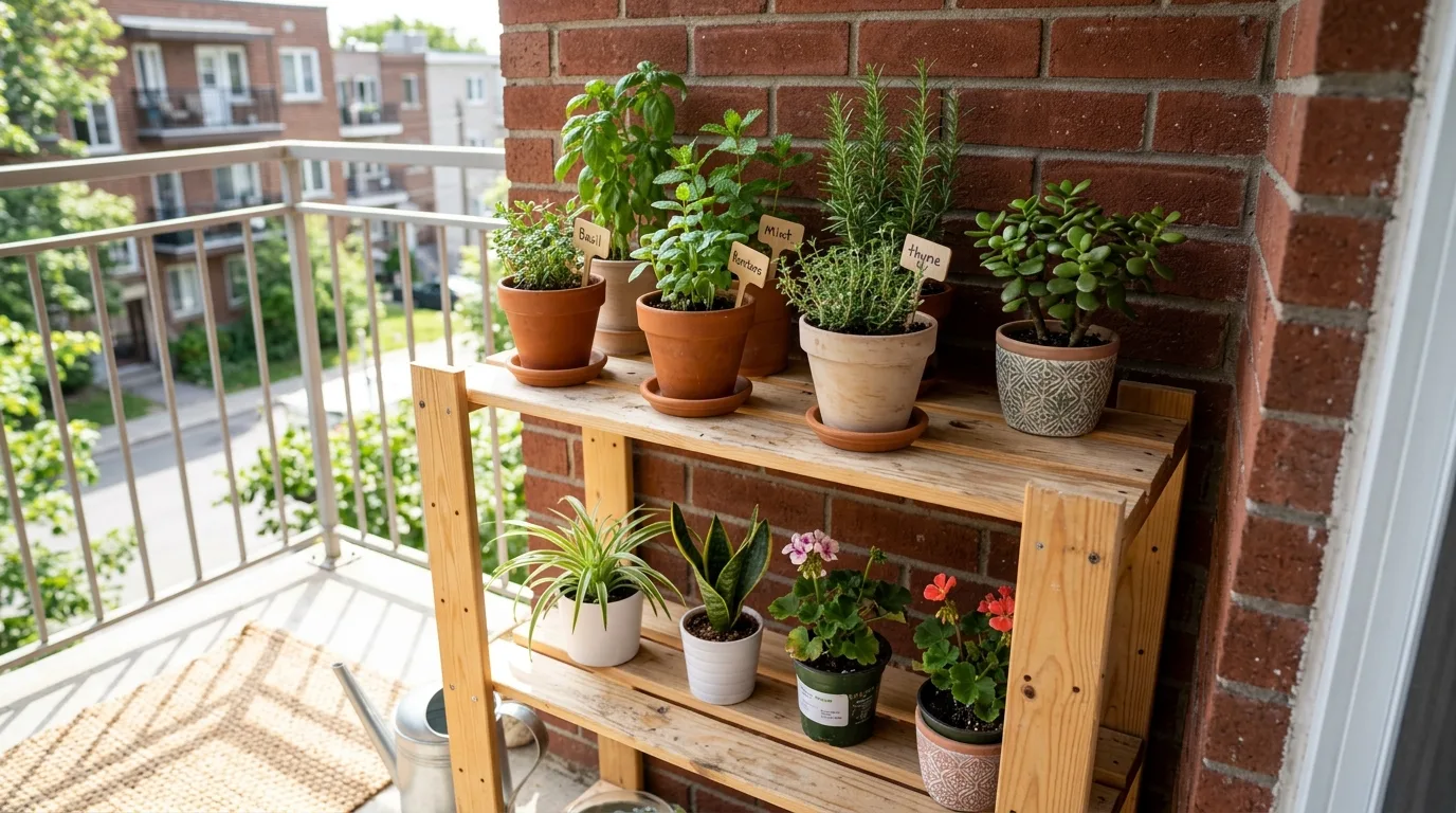 Use a slim plant shelf for 11 Apartment Balcony Ideas for Renters on a Budget