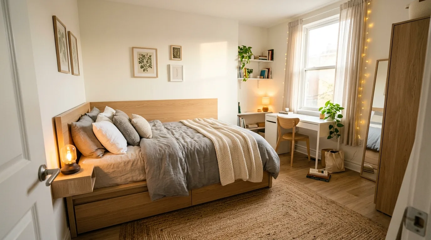 Tuck the bed into a corner for 10 Space-Saving Ways to Arrange a Bed in a Small Bedroom