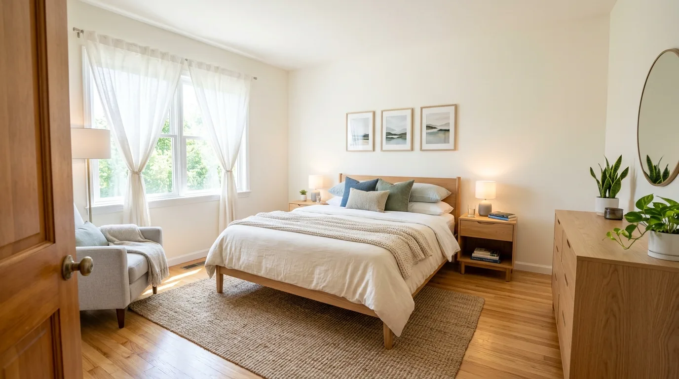 Face the bed toward the door for 10 Space-Saving Ways to Arrange a Bed in a Small Bedroom