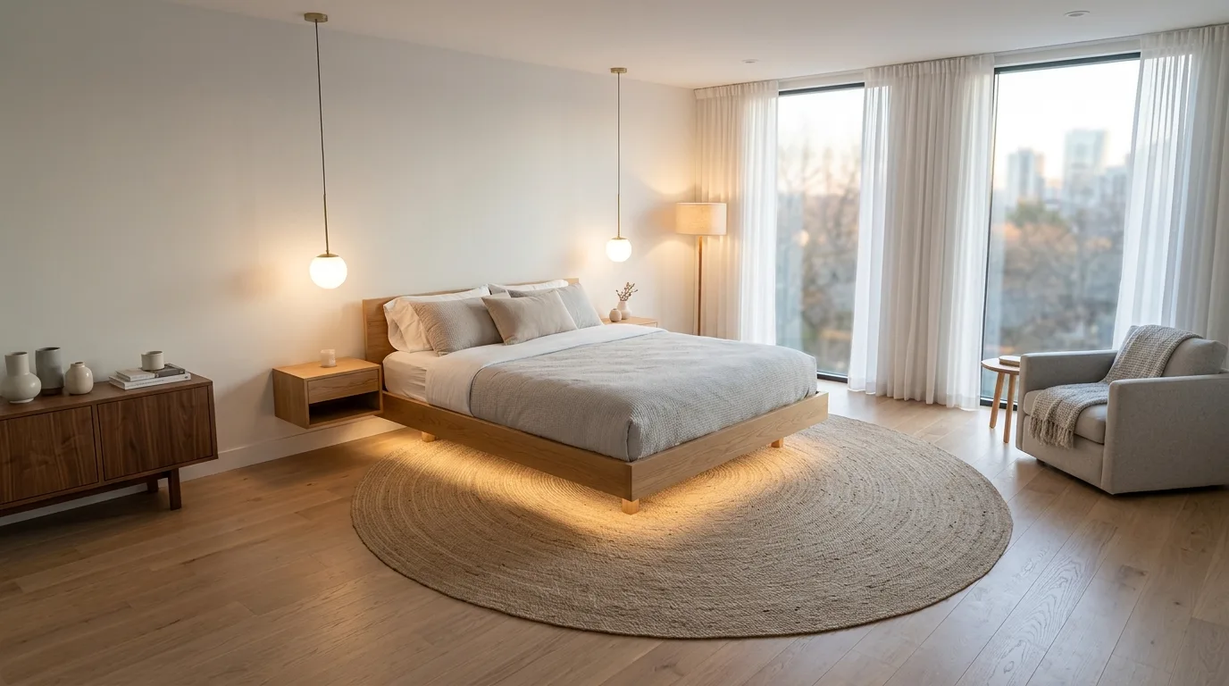 Try a floating arrangement when space allows for 10 Space-Saving Ways to Arrange a Bed in a Small Bedroom