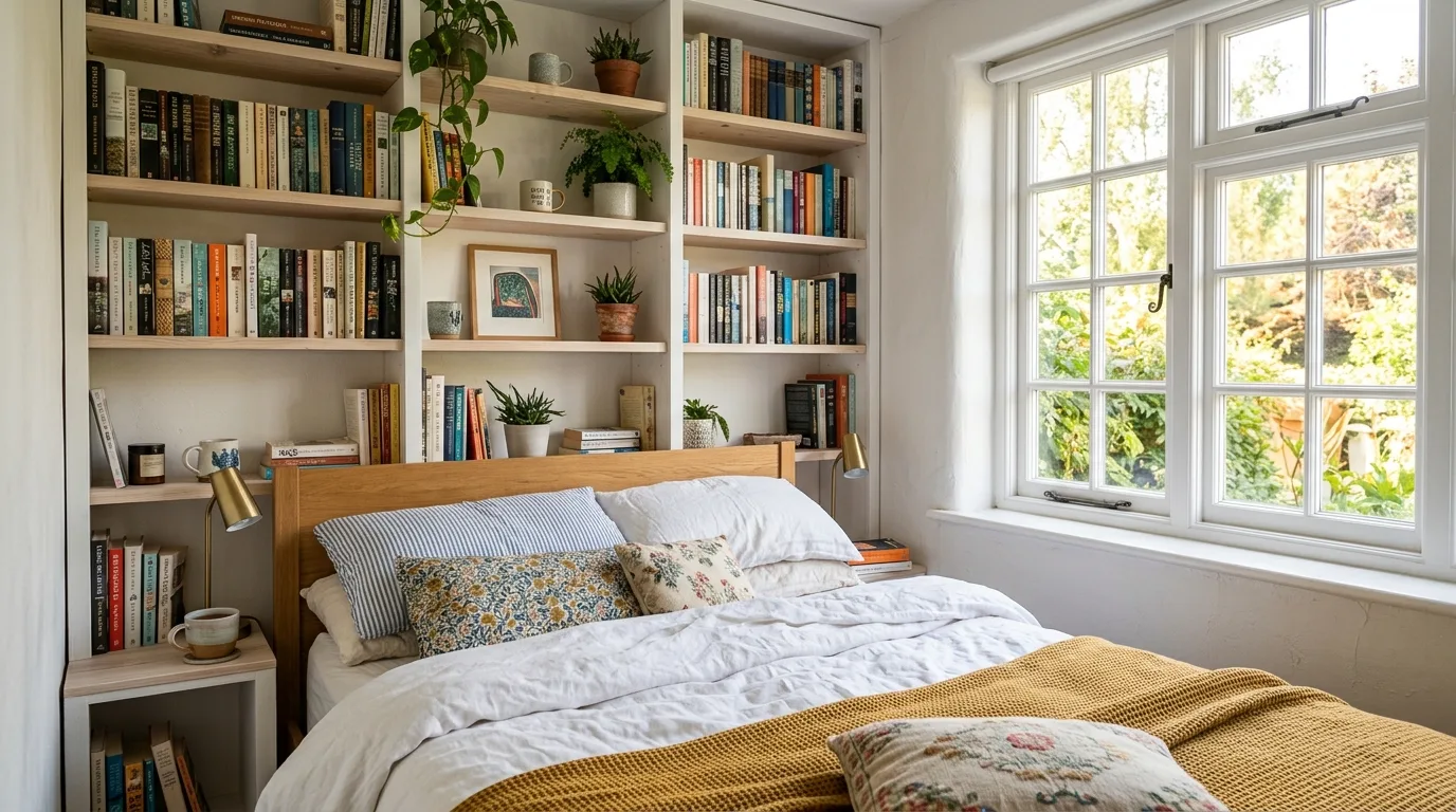 Pair the bed with built-in shelves for 10 Space-Saving Ways to Arrange a Bed in a Small Bedroom