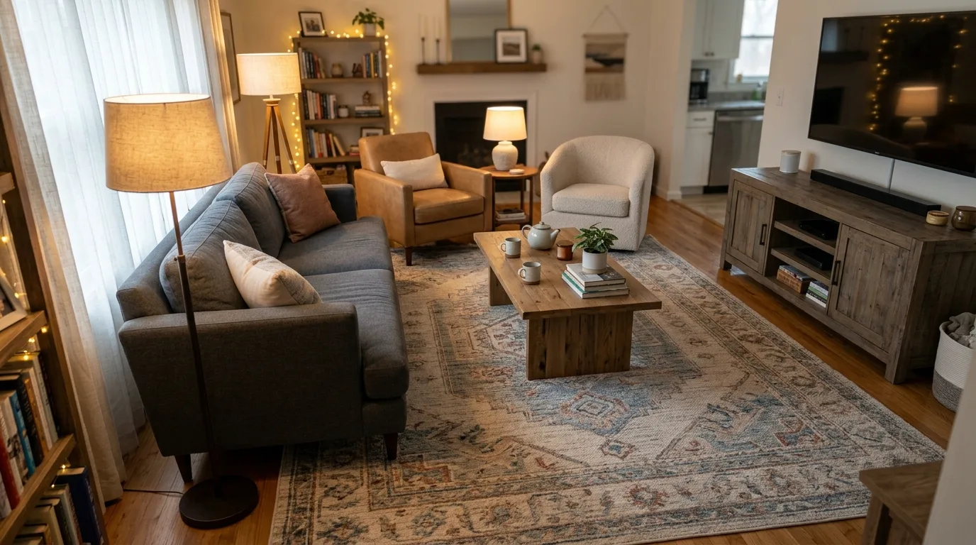 Anchor everything with a rug for 12 Clever Ways to Arrange Furniture in an Awkward Living Room
