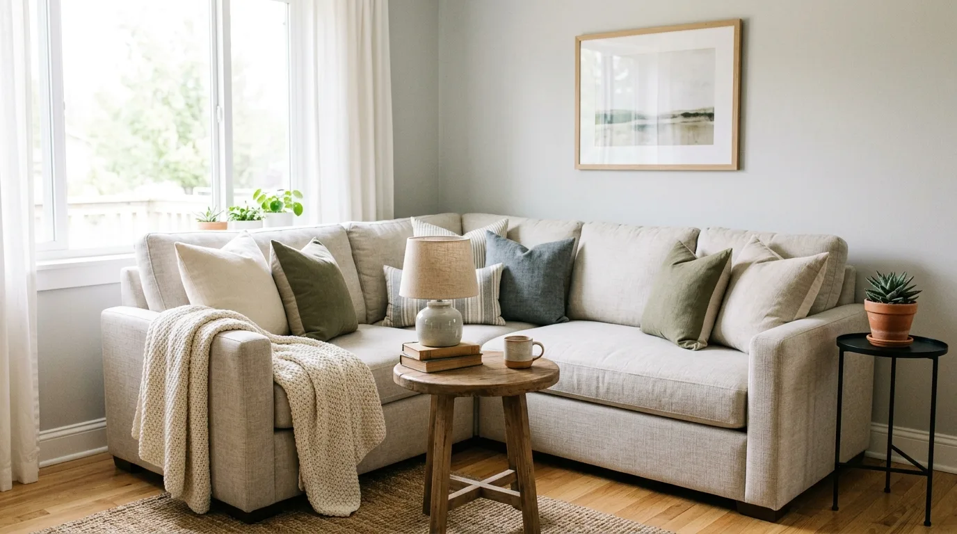 Turn a corner into a cozy nook for 12 Clever Ways to Arrange Furniture in an Awkward Living Room