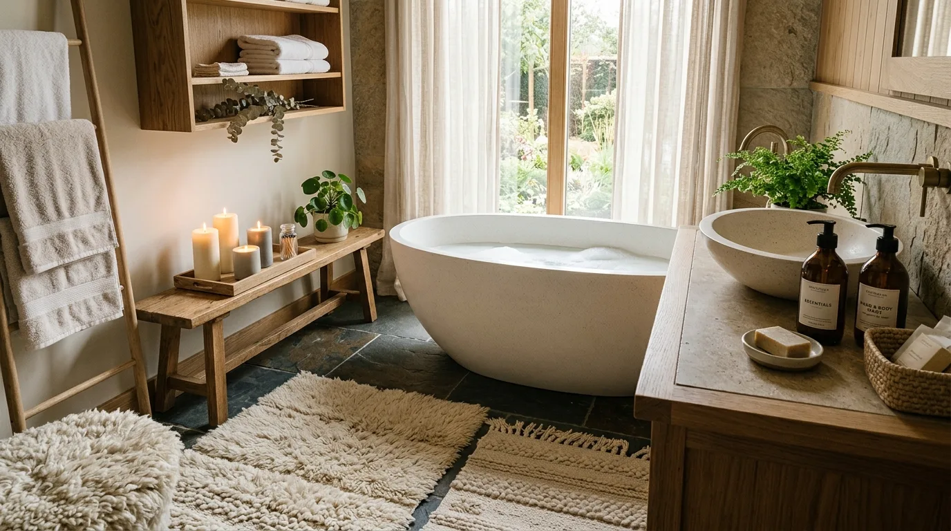 Layer in soft rugs and refined dispensers for 12 Inspiring Bathroom Decor Ideas for a Spa-Like Feel