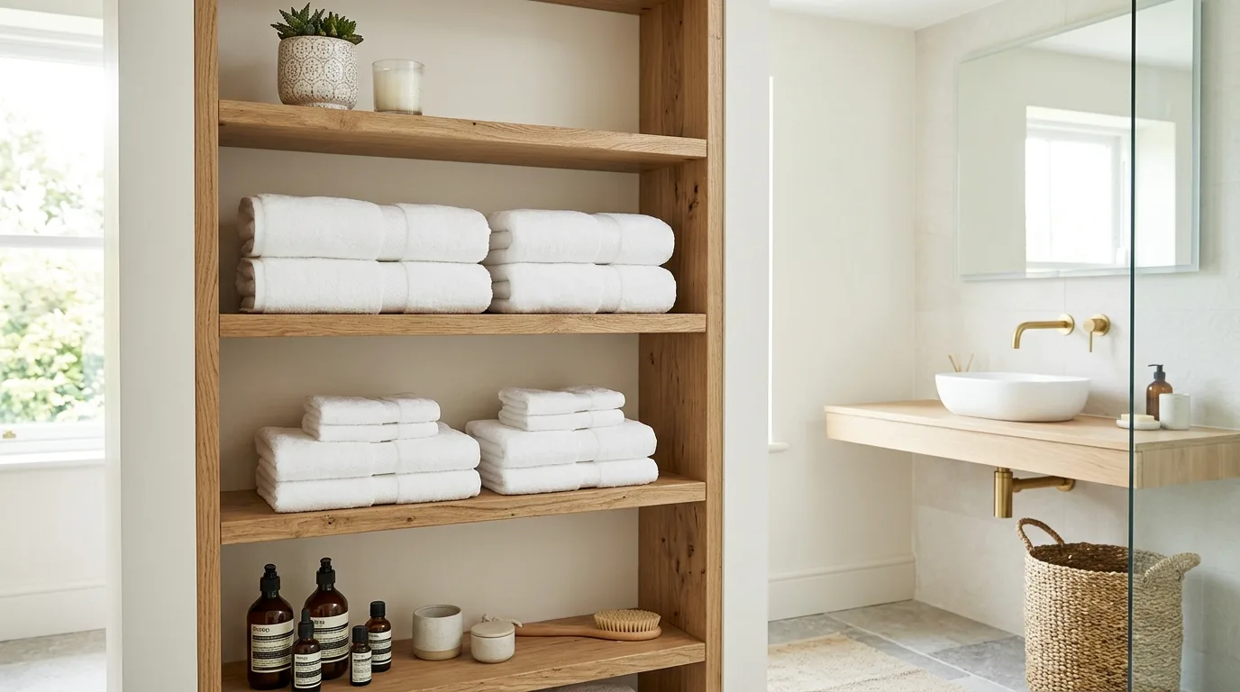 Display soft white towels for 12 Inspiring Bathroom Decor Ideas for a Spa-Like Feel