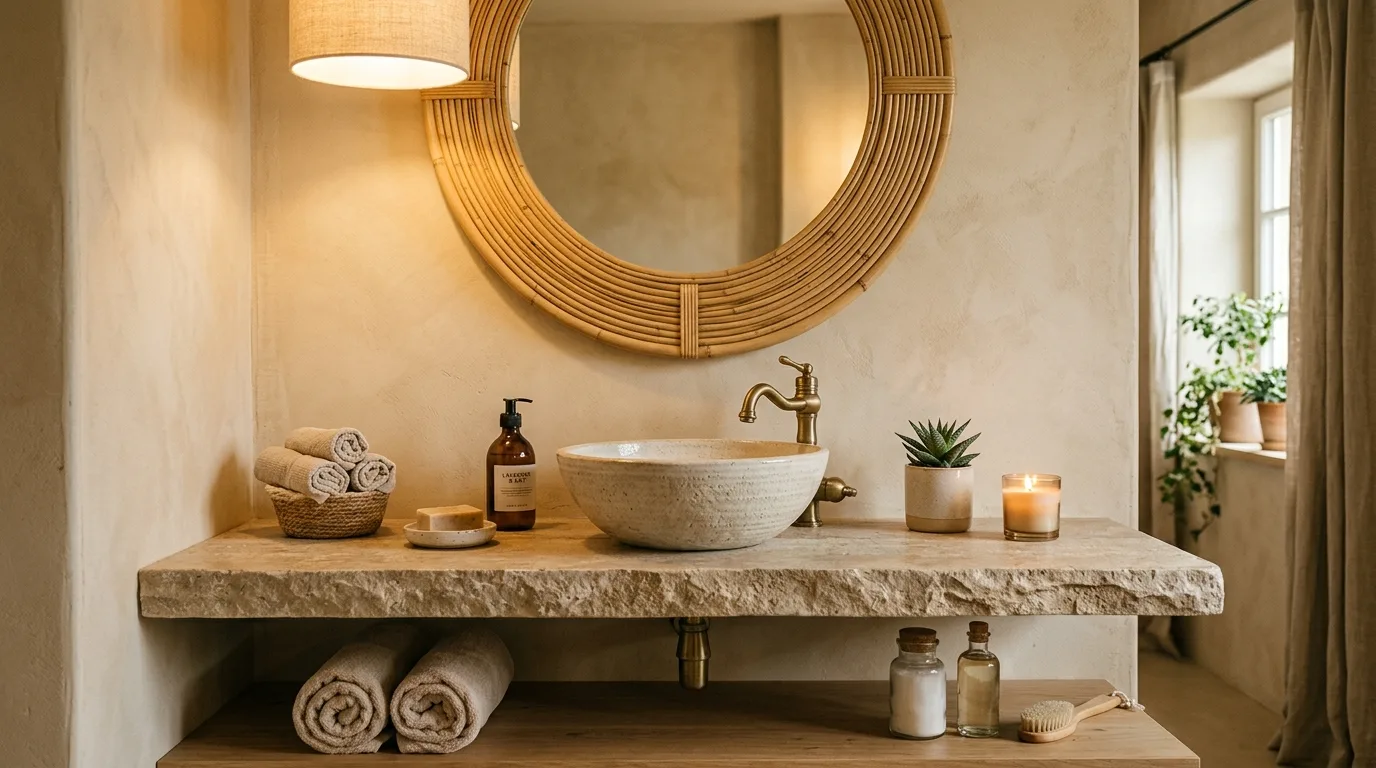 Lean on stone and wood accents for 12 Inspiring Bathroom Decor Ideas for a Spa-Like Feel