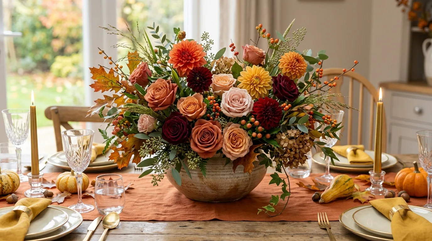 Repeat one element down the table for 13 Beautiful Fall Centerpieces for a Stunning Thanksgiving Table