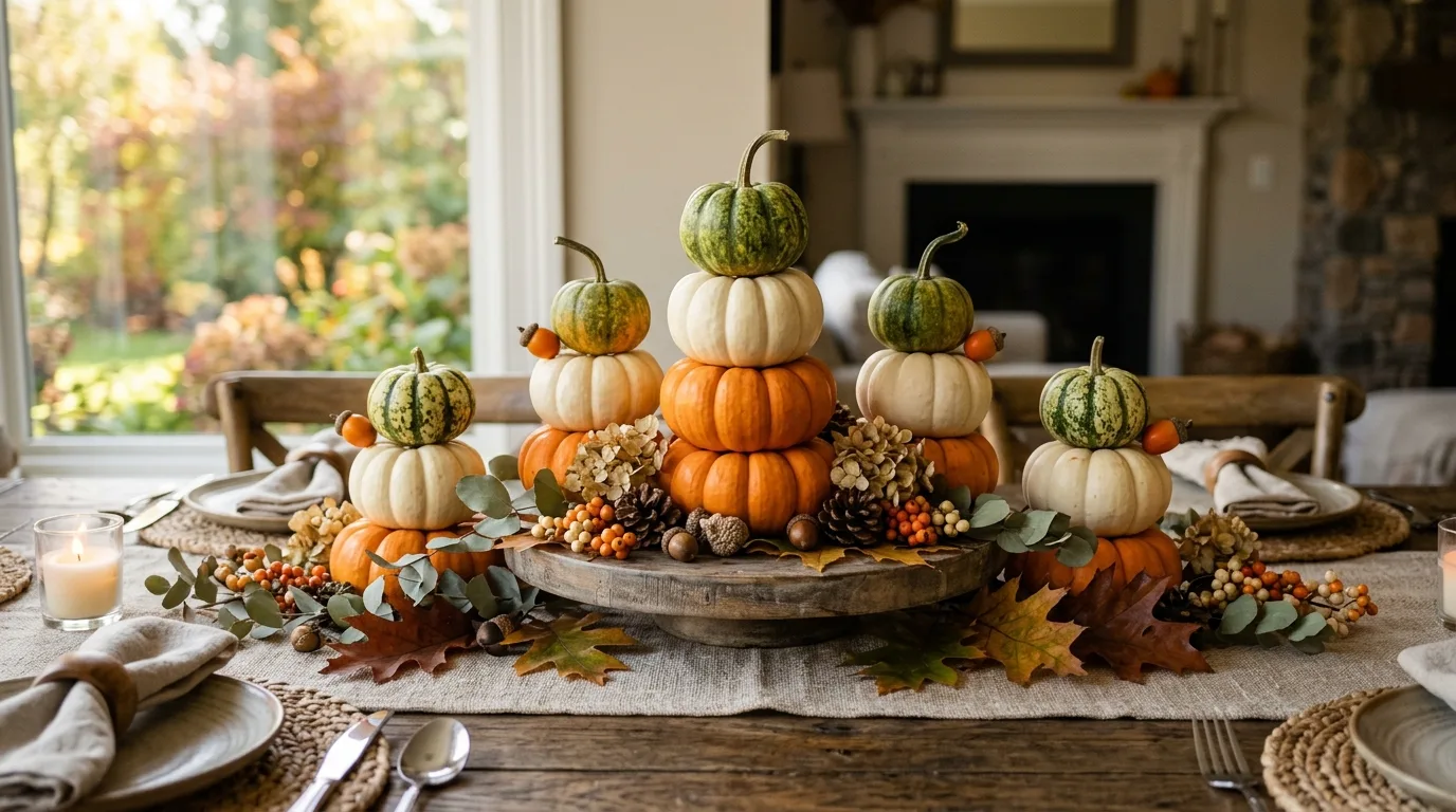 Add brass or wood for warmth for 13 Beautiful Fall Centerpieces for a Stunning Thanksgiving Table