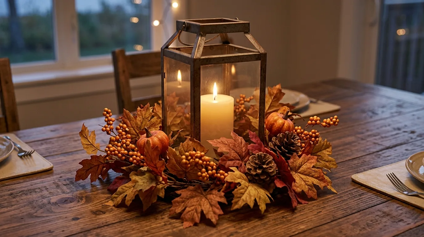 Use lanterns for a grounded focal point for 13 Beautiful Fall Centerpieces for a Stunning Thanksgiving Table