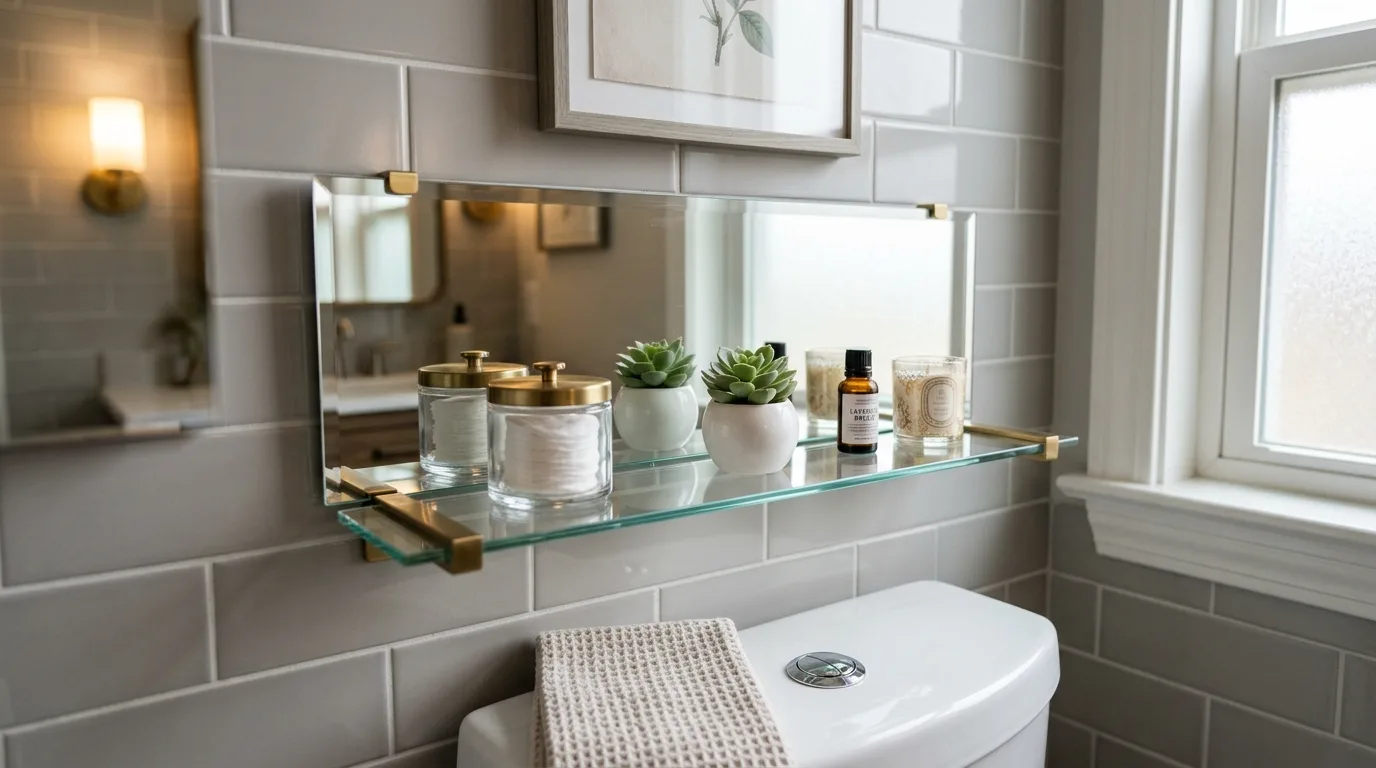 Try a mirrored shelf for lightness for 14 Clever Behind Toilet Decor Ideas to Use Wasted Space