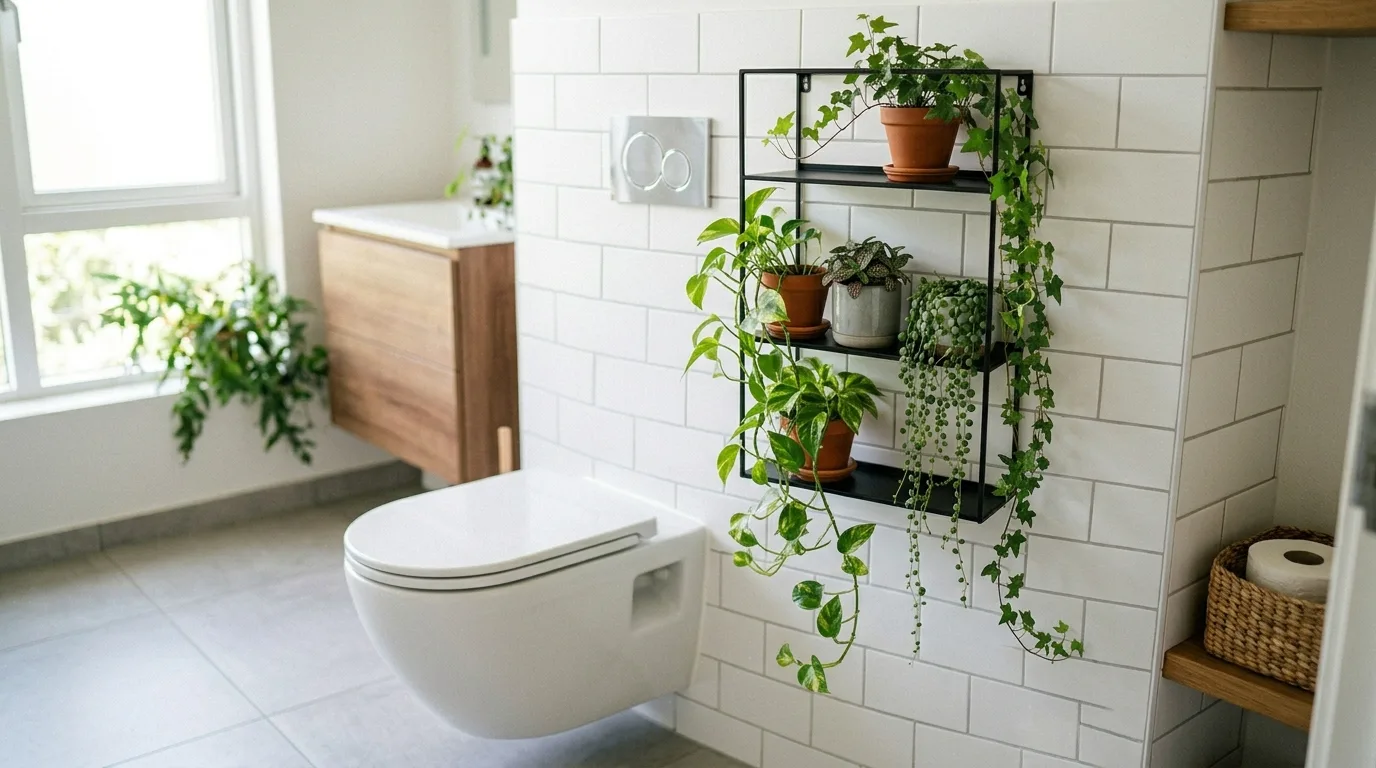 Add a small plant rack for vertical softness for 14 Clever Behind Toilet Decor Ideas to Use Wasted Space
