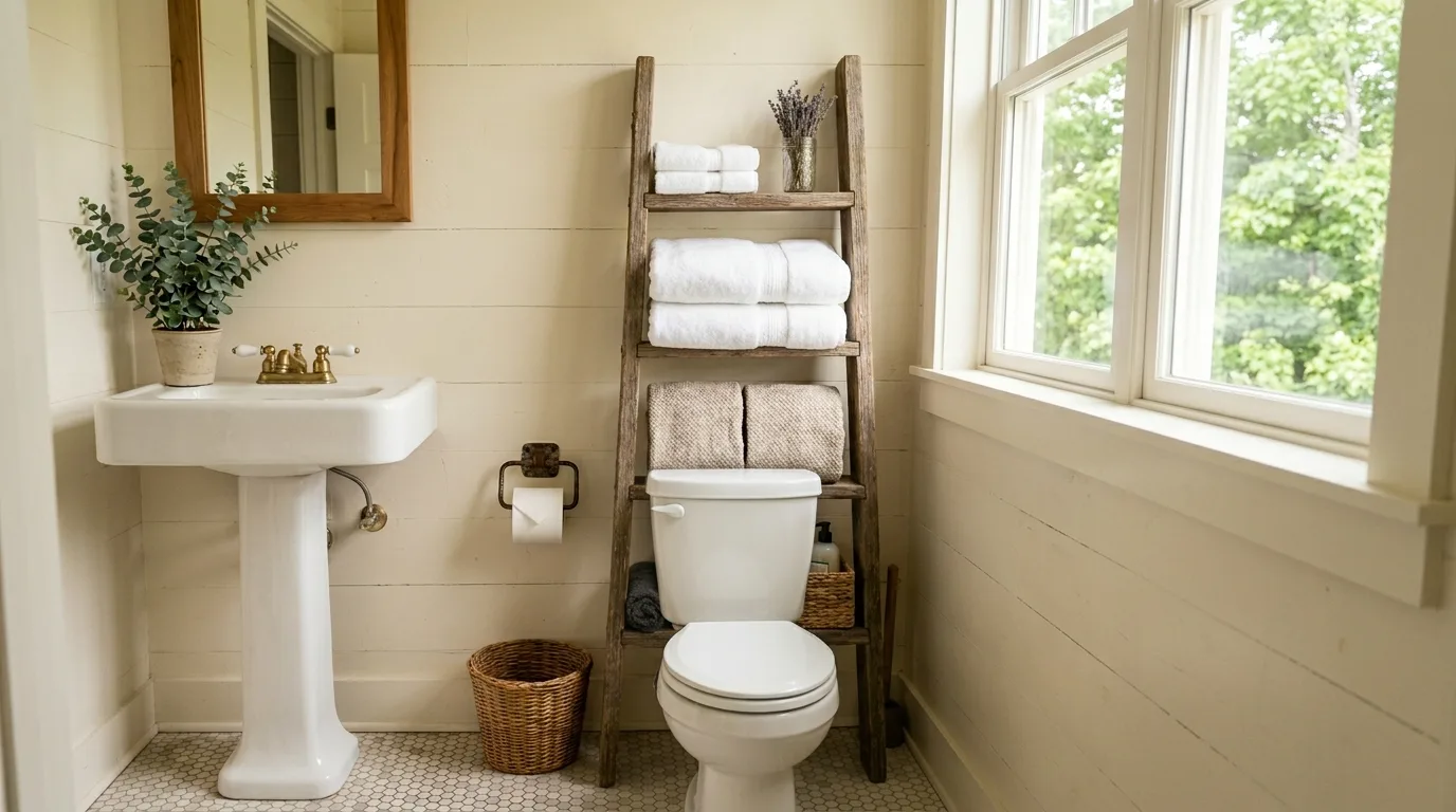 Use a wooden ladder for a warmer touch for 14 Clever Behind Toilet Decor Ideas to Use Wasted Space
