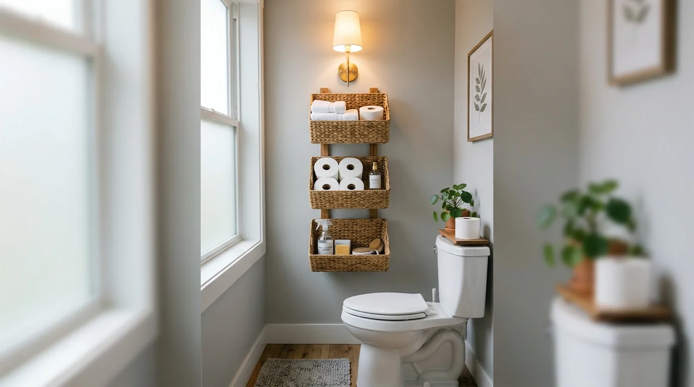 Mount baskets directly to the wall for 14 Clever Behind Toilet Decor Ideas to Use Wasted Space