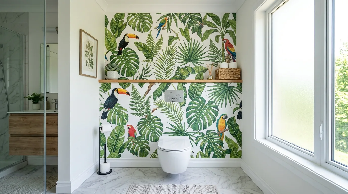 Use wallpaper or decals for a bold finish for 14 Clever Behind Toilet Decor Ideas to Use Wasted Space
