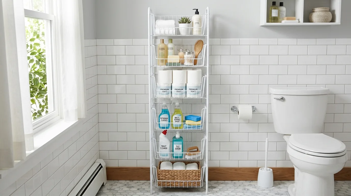 Use tiered storage for daily essentials for 14 Clever Behind Toilet Decor Ideas to Use Wasted Space