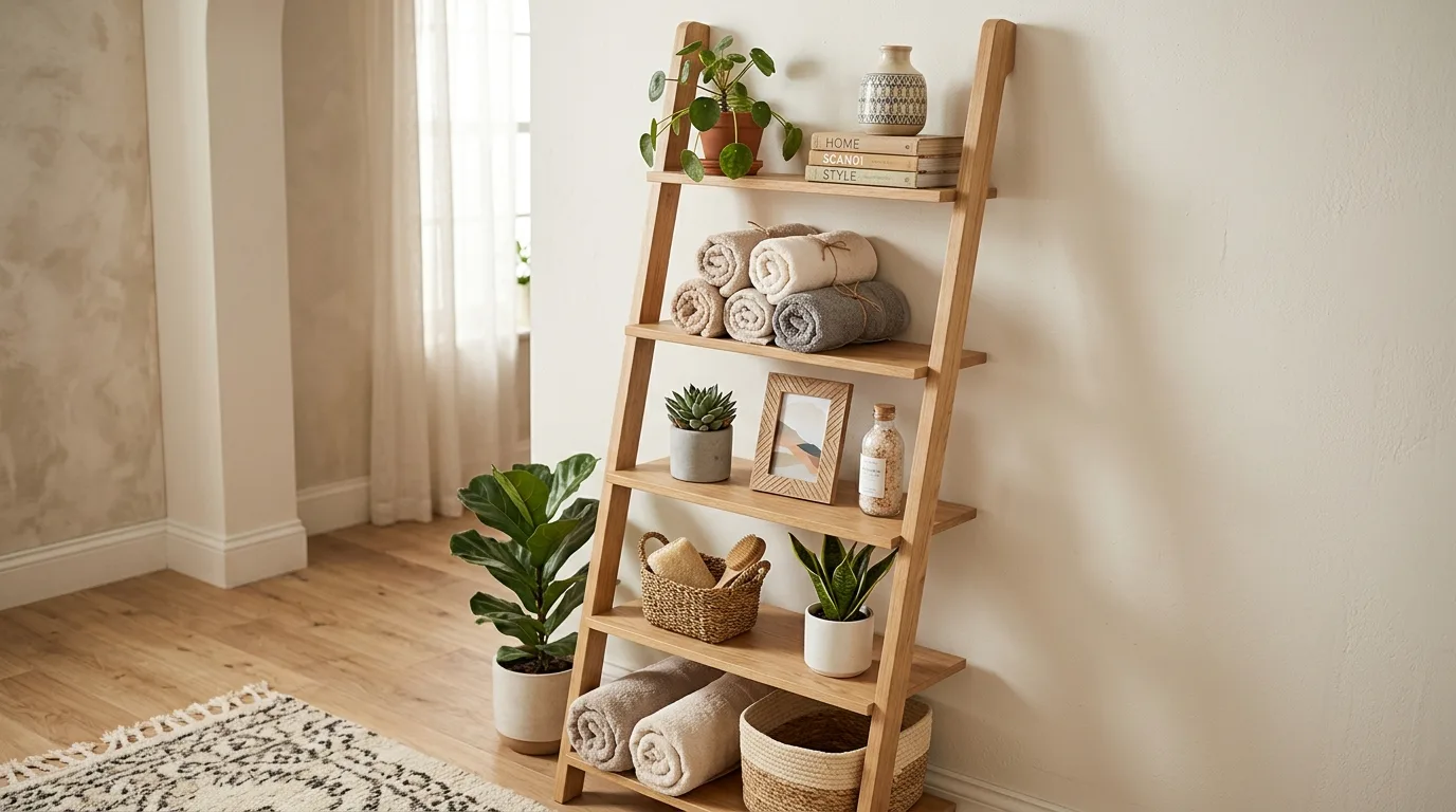 Try a leaning ladder shelf for 14 Clever Behind Toilet Decor Ideas to Use Wasted Space