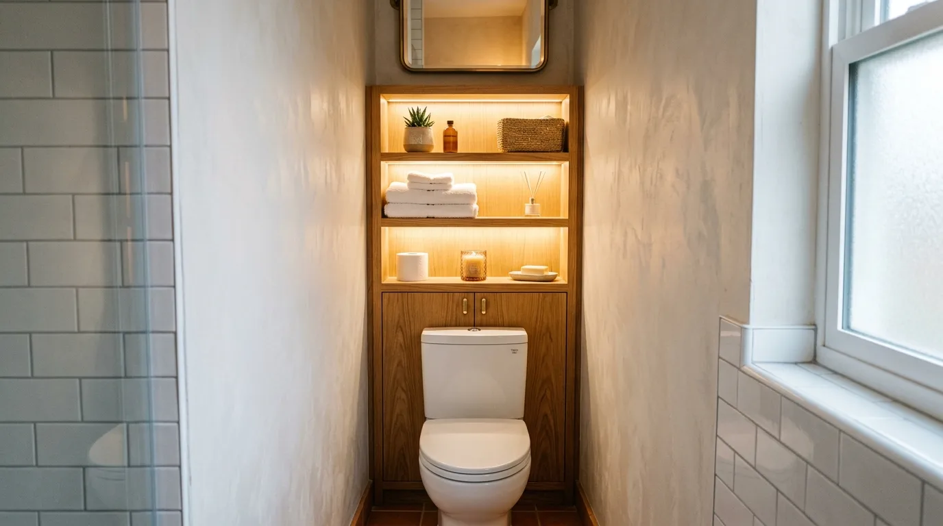 Install a narrow cabinet if you want hidden storage for 14 Clever Behind Toilet Decor Ideas to Use Wasted Space