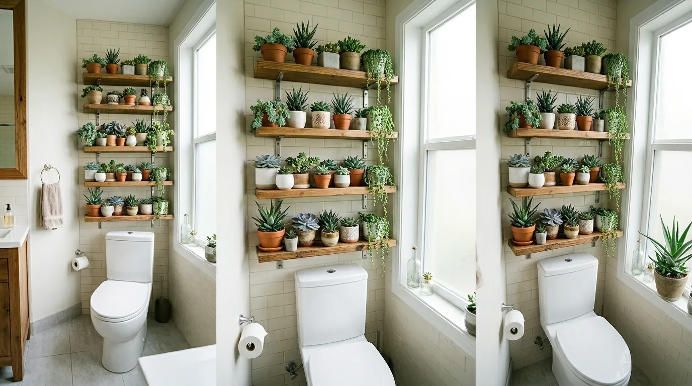 Bring in plants for a fresher mood for 14 Clever Behind Toilet Decor Ideas to Use Wasted Space