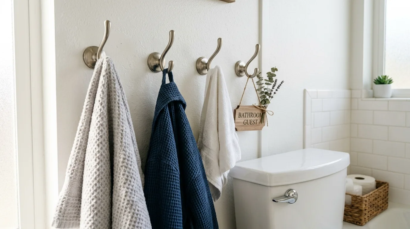 Use hooks for towels or robes for 14 Clever Behind Toilet Decor Ideas to Use Wasted Space