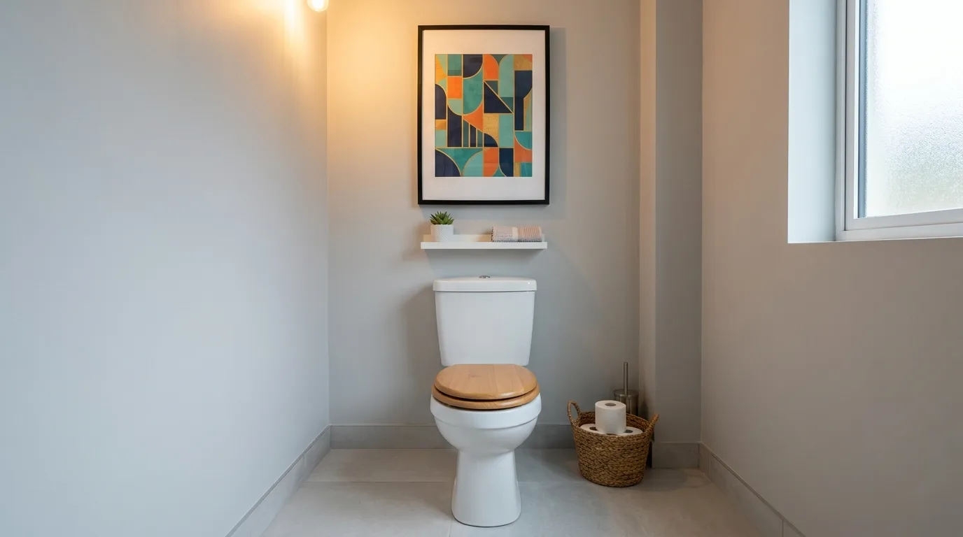 Hang art to make the area feel finished for 14 Clever Behind Toilet Decor Ideas to Use Wasted Space