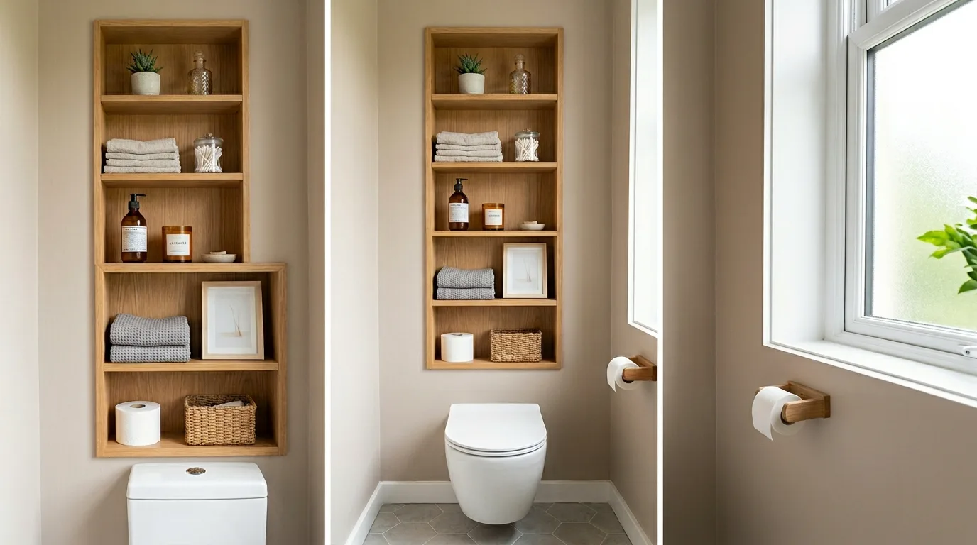 Build in slim shelving if possible for 14 Clever Behind Toilet Decor Ideas to Use Wasted Space