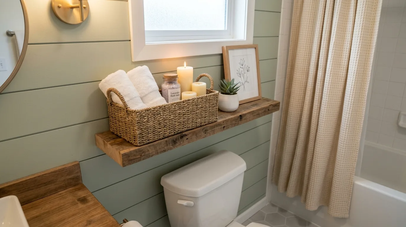 Use trays or baskets to group decor for 14 Clever Behind Toilet Decor Ideas to Use Wasted Space