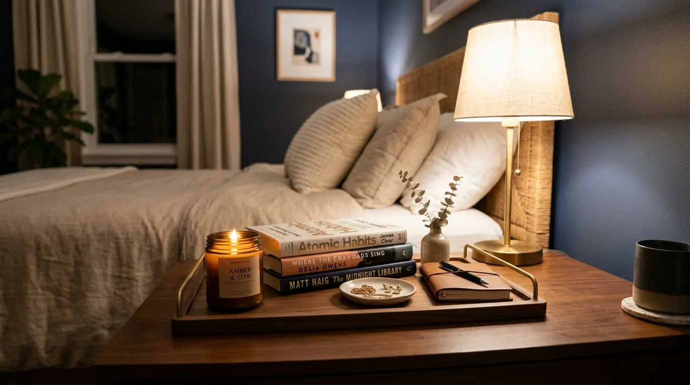 Use art leaning behind the display for 14 Best Nightstand Decor Ideas to Style Like a Designer