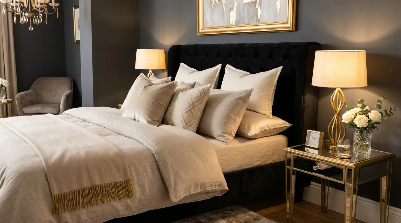 Choose a headboard shape with character for 11 Modern Black Bedframe Bedroom Ideas for a Bold Statement