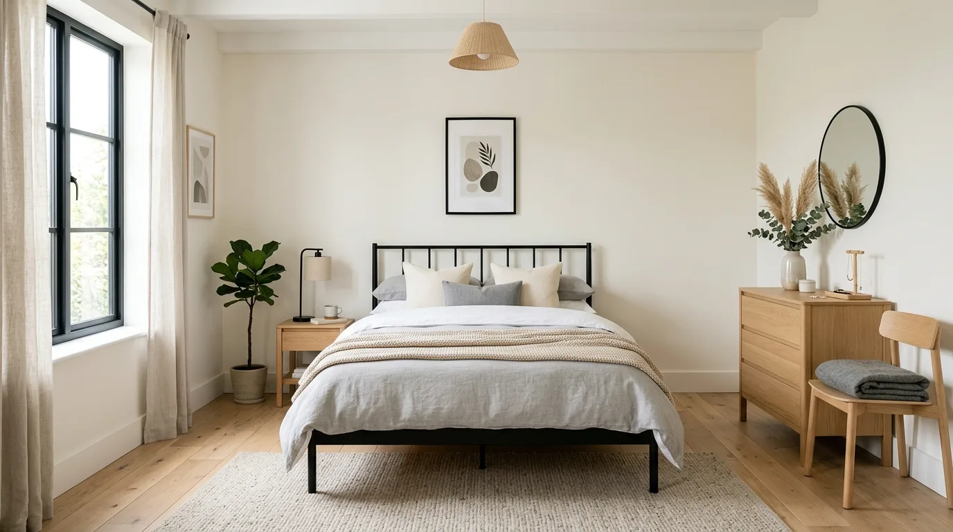 Use art that echoes the contrast for 11 Modern Black Bedframe Bedroom Ideas for a Bold Statement