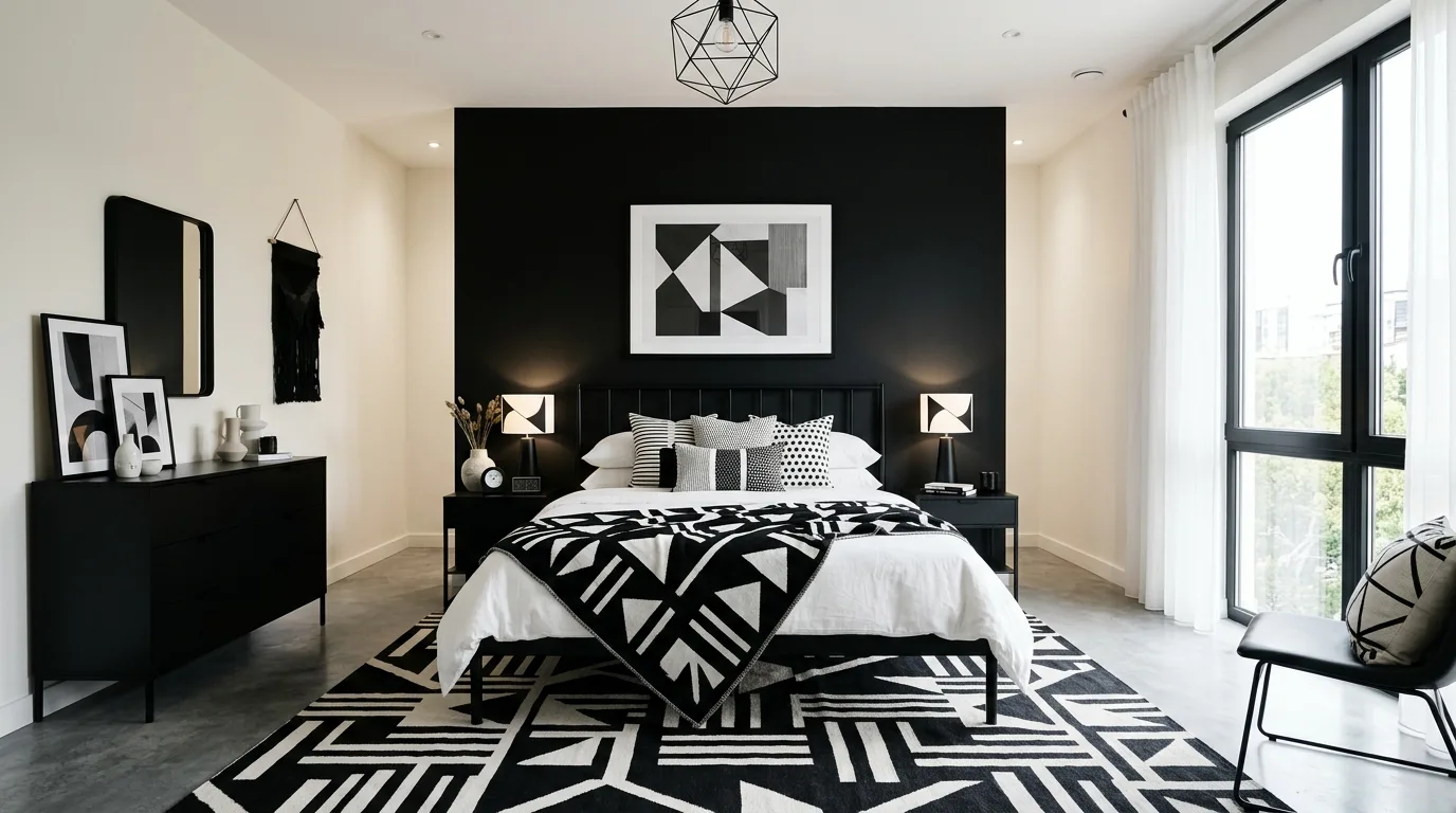 Use lighting to soften the edges for 11 Modern Black Bedframe Bedroom Ideas for a Bold Statement
