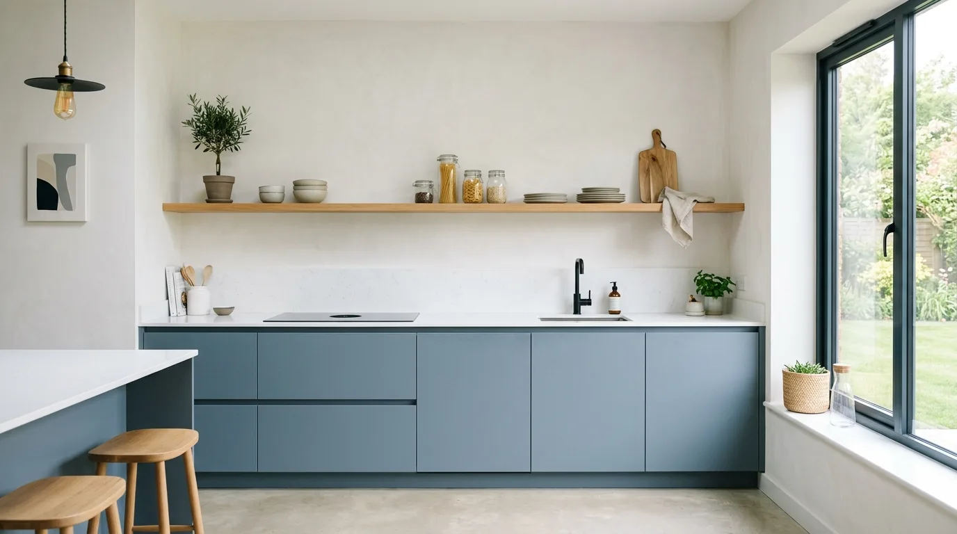 Keep the styling minimal if you want modern calm for 13 Calming Blue Gray Kitchen Cabinets for a Serene Look