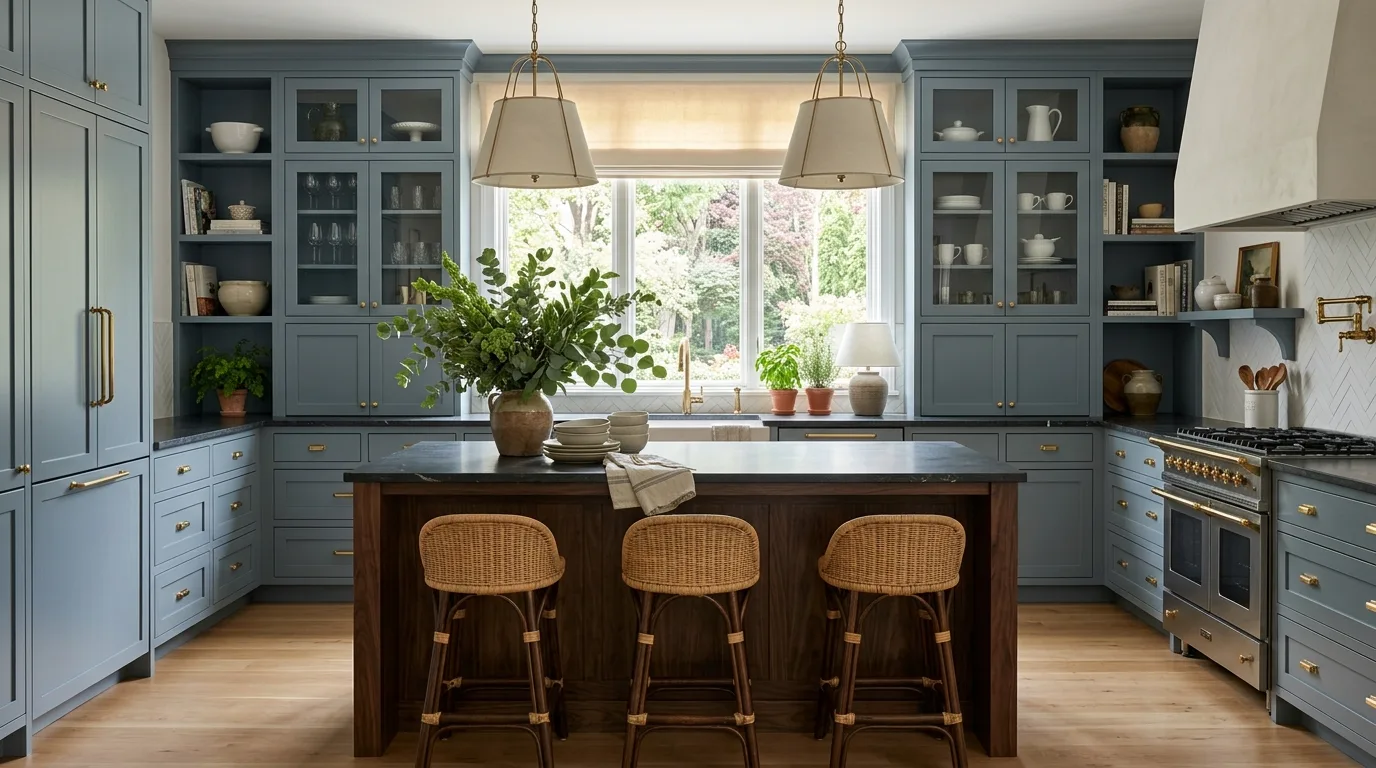 Balance cool cabinets with dark wood or greenery for 13 Calming Blue Gray Kitchen Cabinets for a Serene Look