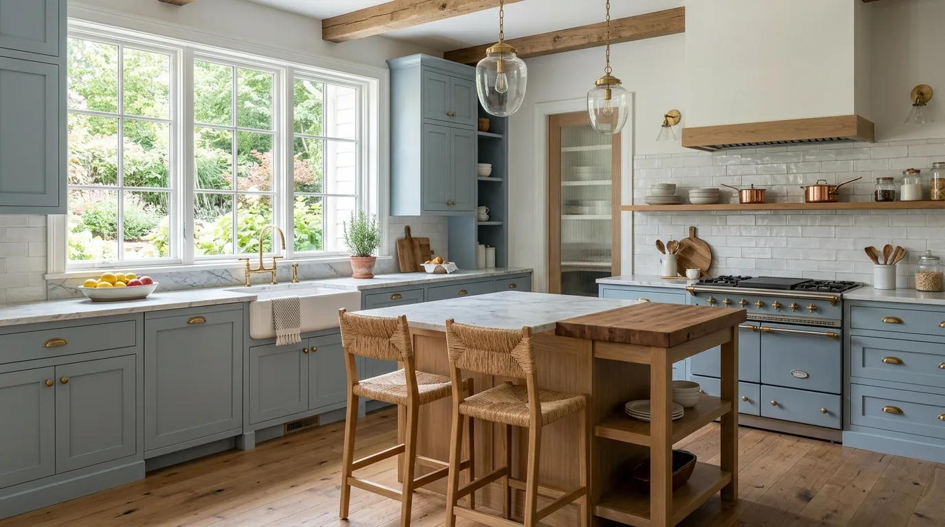 Let backsplash texture add quiet depth for 13 Calming Blue Gray Kitchen Cabinets for a Serene Look