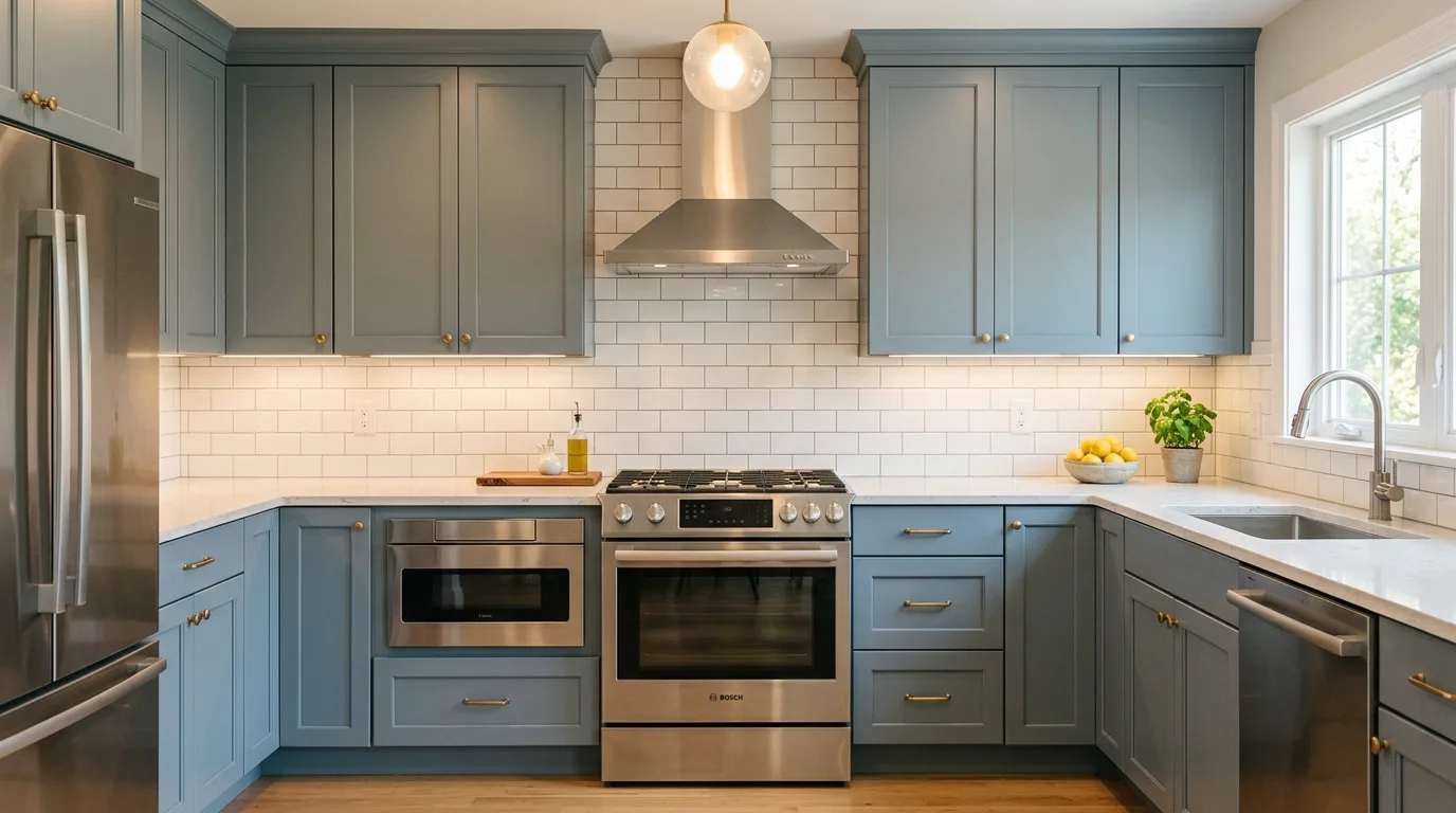 Try shaker fronts for a timeless look for 13 Calming Blue Gray Kitchen Cabinets for a Serene Look