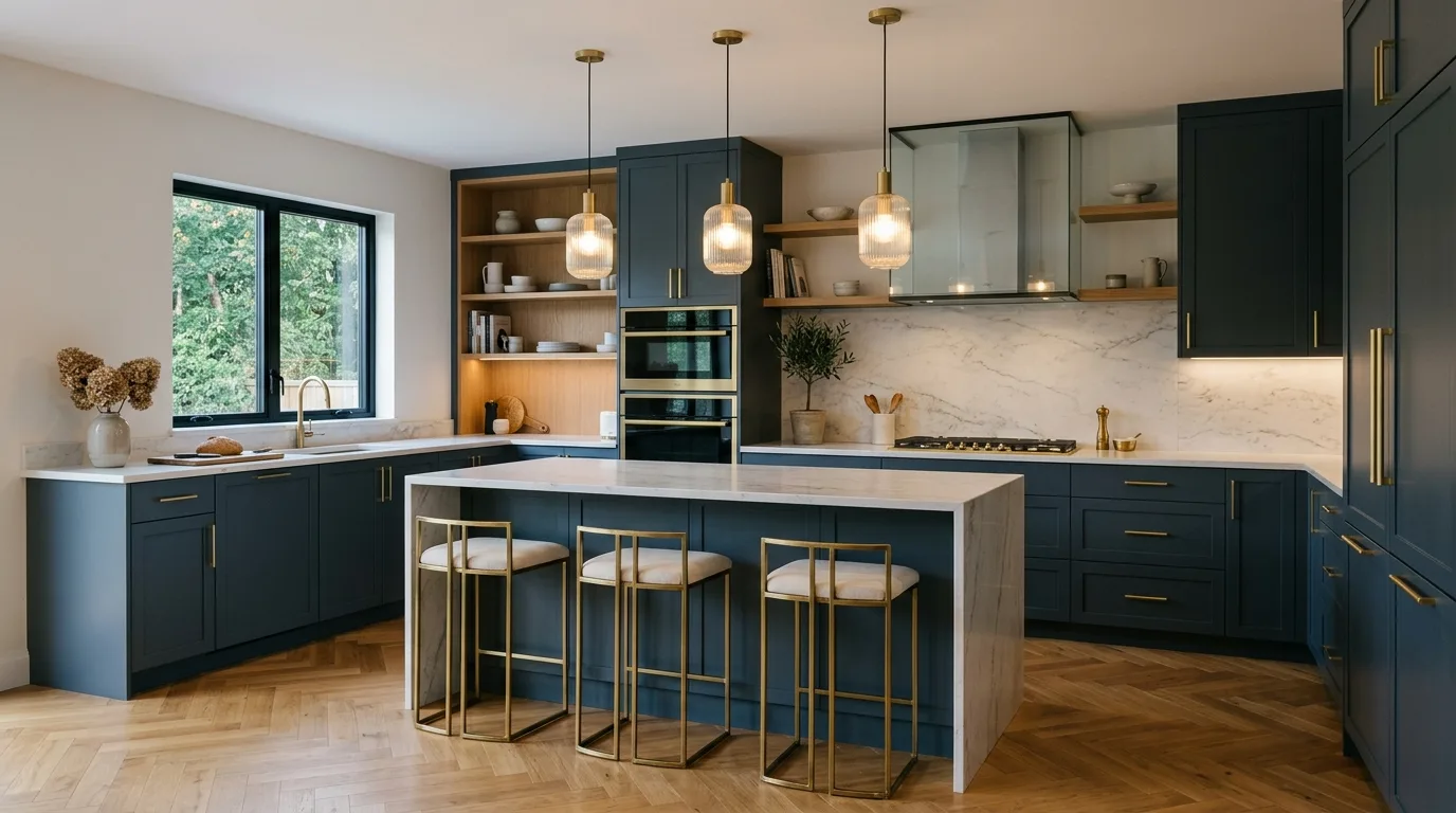 Add brass for a little warmth for 13 Calming Blue Gray Kitchen Cabinets for a Serene Look