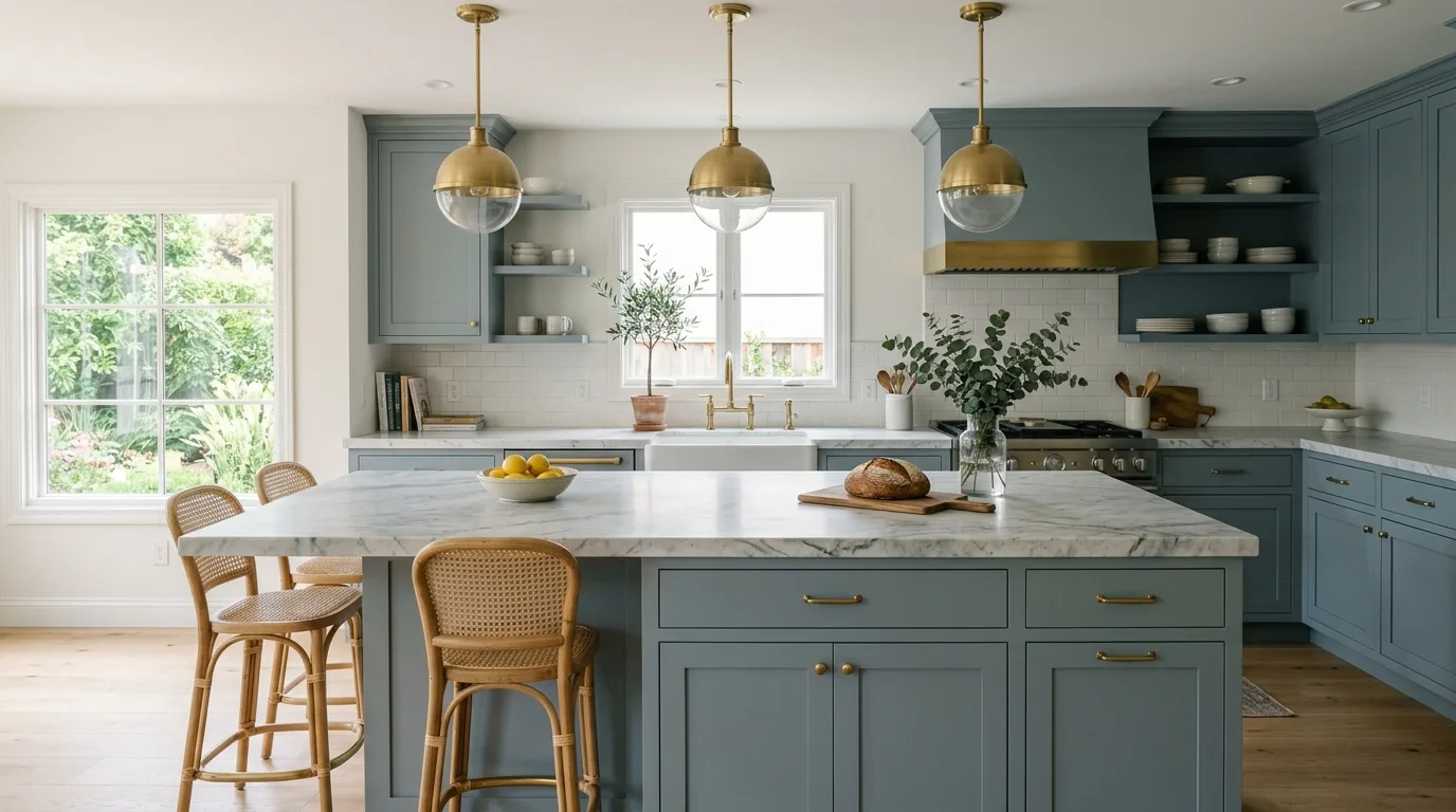 Use an island as a deeper accent for 13 Calming Blue Gray Kitchen Cabinets for a Serene Look