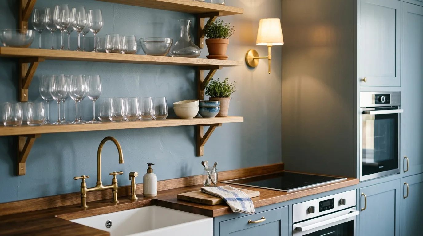 Mix in open shelving and glass for 13 Calming Blue Gray Kitchen Cabinets for a Serene Look