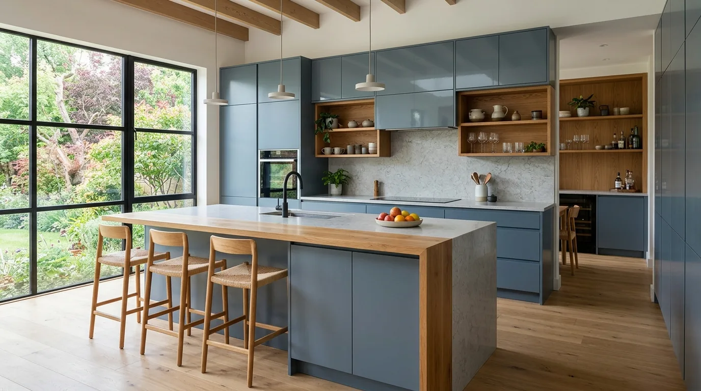 Combine matte and soft reflective surfaces for 13 Calming Blue Gray Kitchen Cabinets for a Serene Look