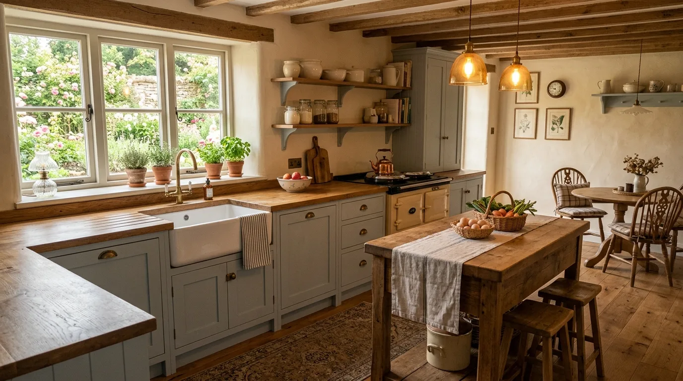 Try a cottage variation with wood accents for 13 Calming Blue Gray Kitchen Cabinets for a Serene Look