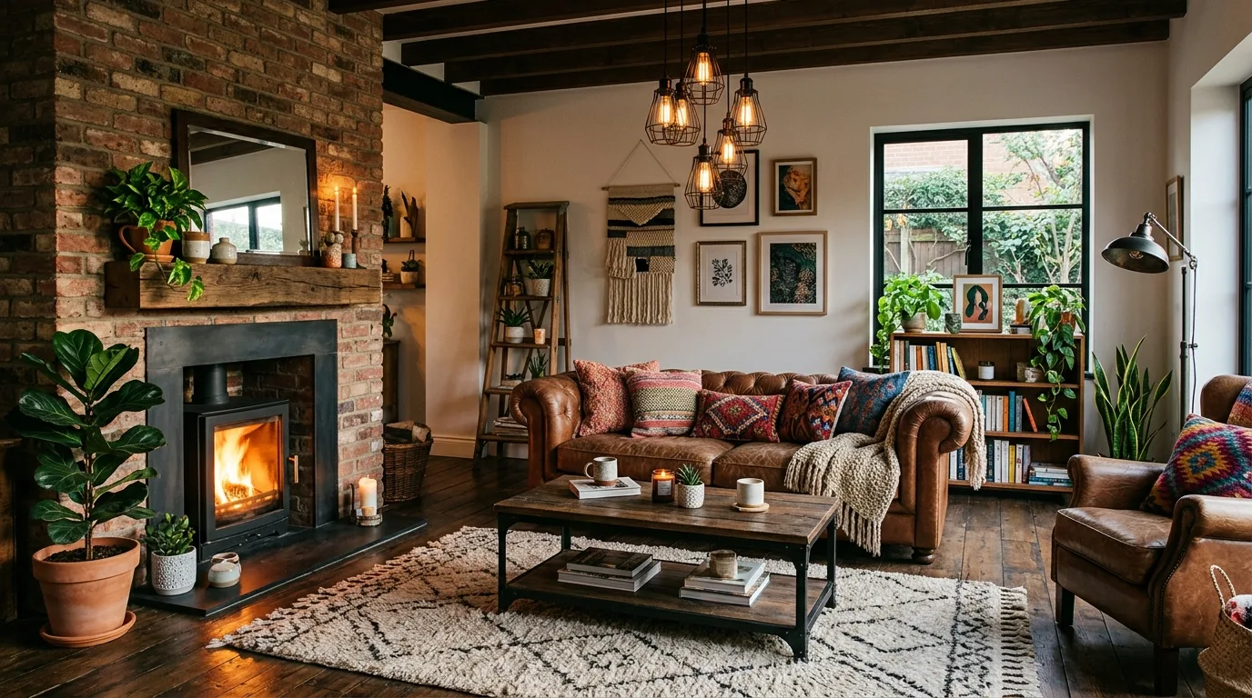 Repeat dark accents with intention for 14 Trendy Boho Industrial Living Room Ideas for Urban Style
