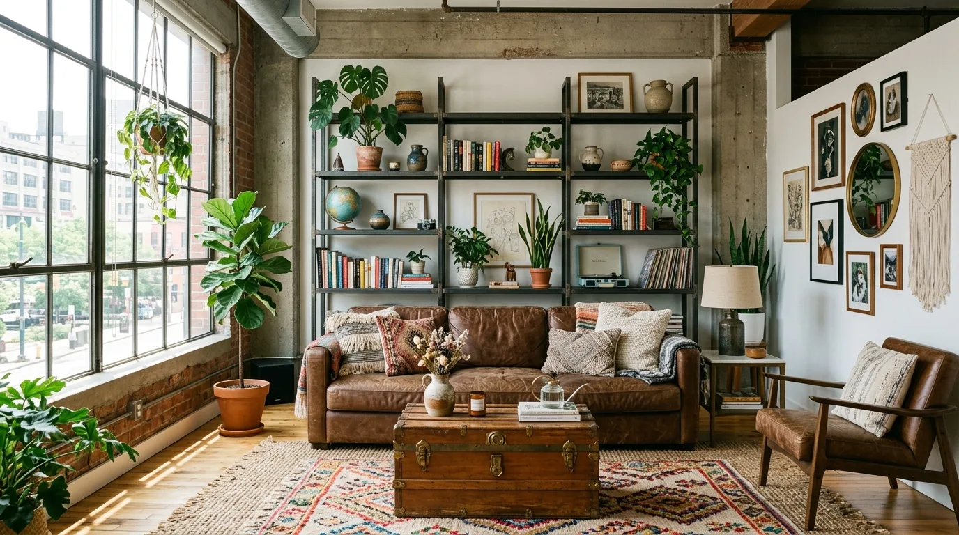 Layer in boho rugs and pillows for 14 Trendy Boho Industrial Living Room Ideas for Urban Style