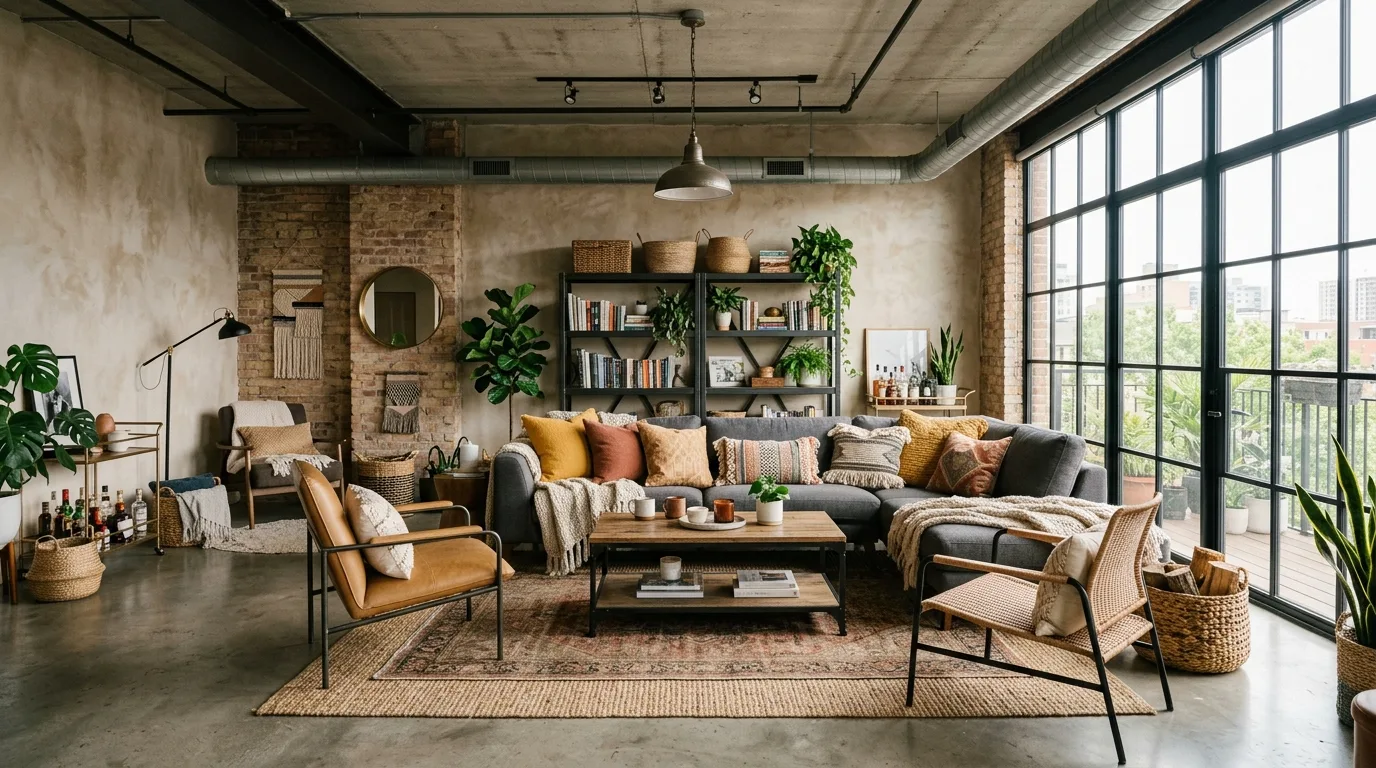 Choose seating that feels collected for 14 Trendy Boho Industrial Living Room Ideas for Urban Style