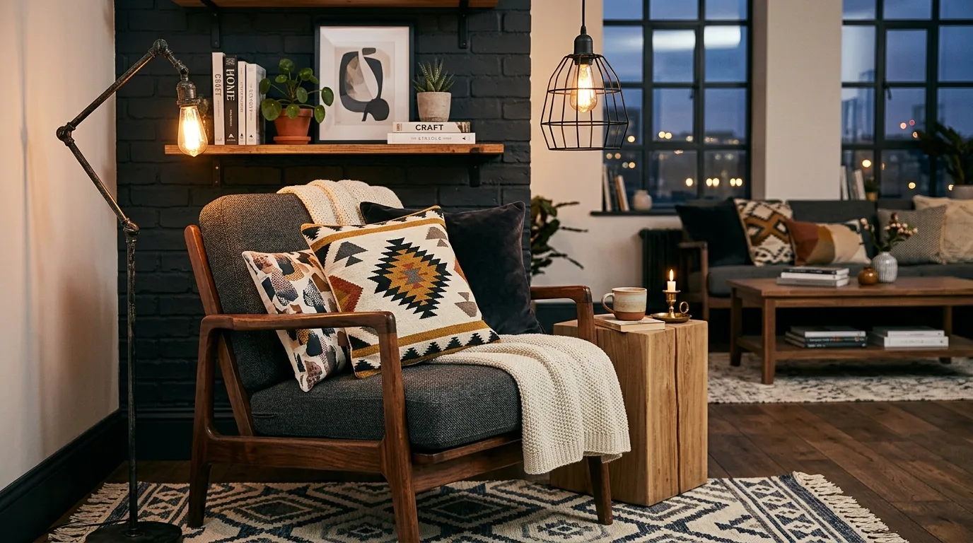 Let baskets and woven decor soften the space for 14 Trendy Boho Industrial Living Room Ideas for Urban Style